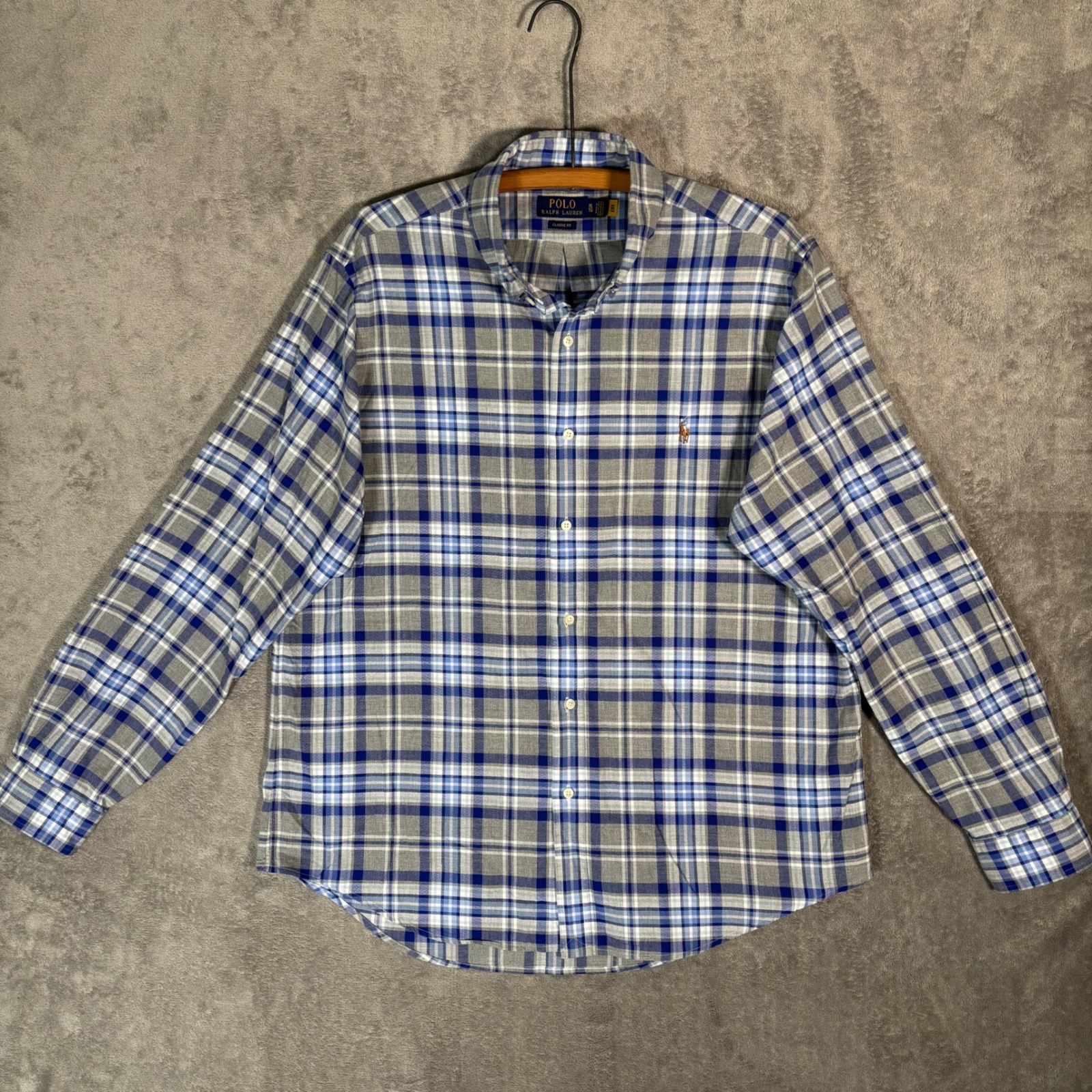Polo Ralph Lauren Mens Xl Classic Fit Blue Grey Plaid Button Up Shirt Flesh Pony